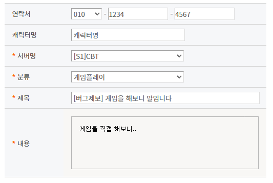 1:1문의 작성 예시